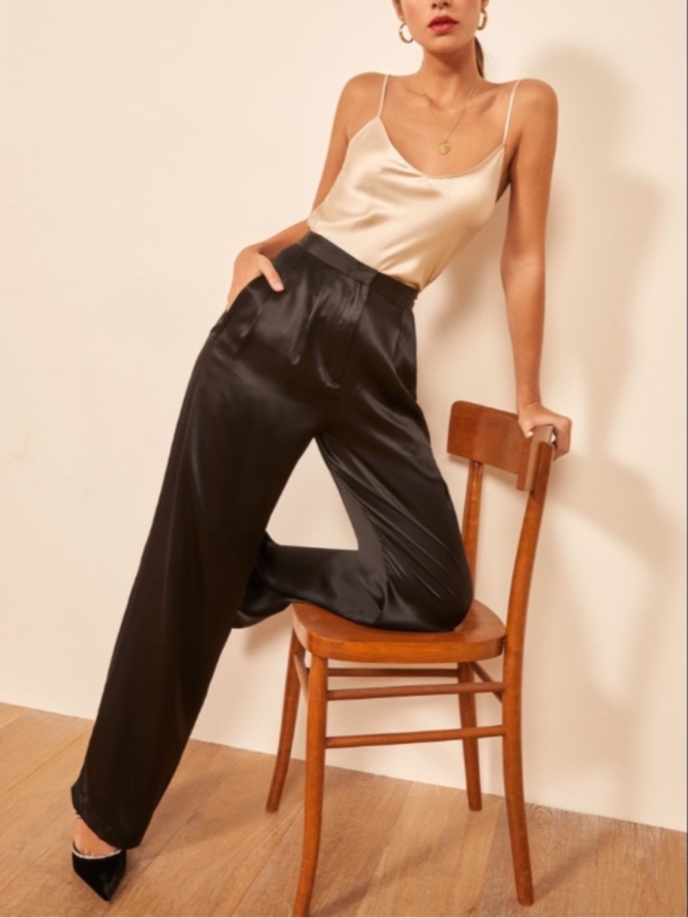 Reformation Chandler High Waist Wide Leg Classic Black Silk Trouser Pants 4P NWT